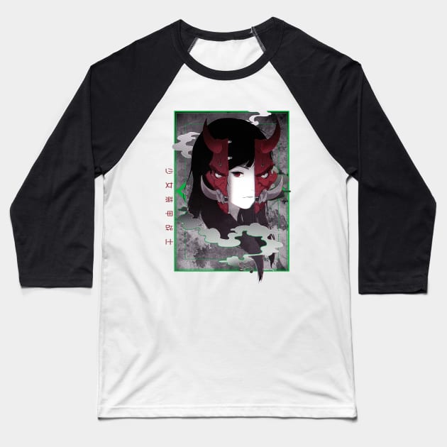 Samurai Demon Mask Girl Vaporwave Cyberpunk Baseball T-Shirt by OWLvision33